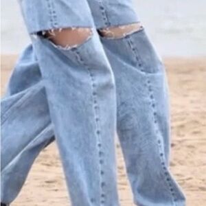 J.ING Ripped Baggy Wide Leg Cotton Jeans